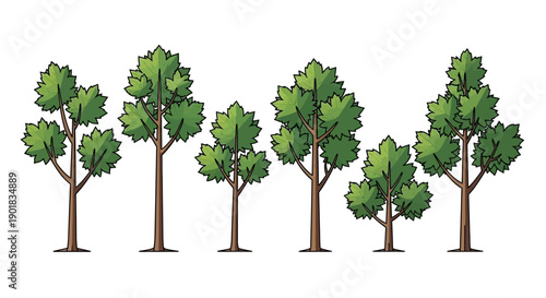 Tableau sur toile A row of six stylized green trees with brown trunks and branches, varying in height and fullness, set against a white background