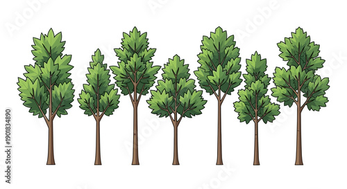 A collection of diverse green trees with brown trunks, presented in a horizontal line against a white background.
