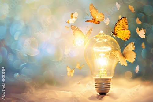 Glowing light bulb surrounded by butterflies representing creativity transformation inspiration and innovative thinking