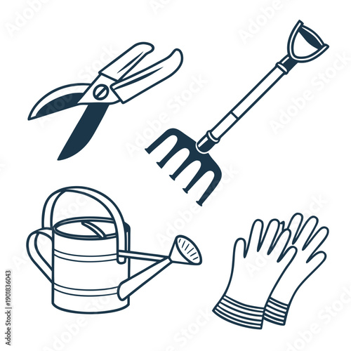 Fotografi A collection of gardening tools including a watering can, gloves, and various im