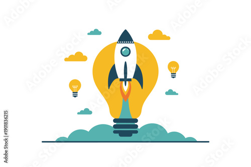 A colorful vector graphic of a rocket ship launching from a lightbulb surrounded by clouds and lightbulbs