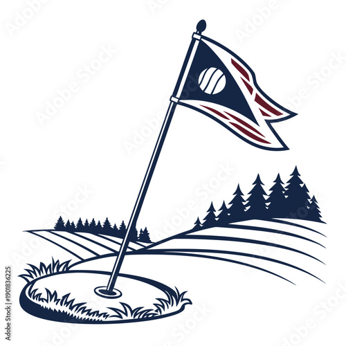 A flag on a pole with a backdrop of trees and mountains Vector