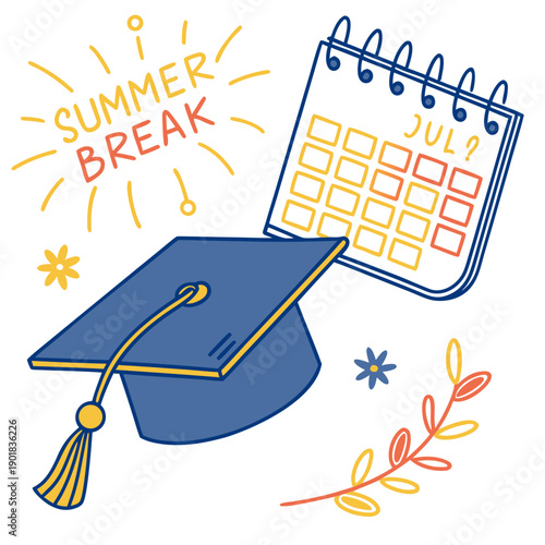 A colorful illustration of a graduation cap, a calendar, and celebratory elements. Vector