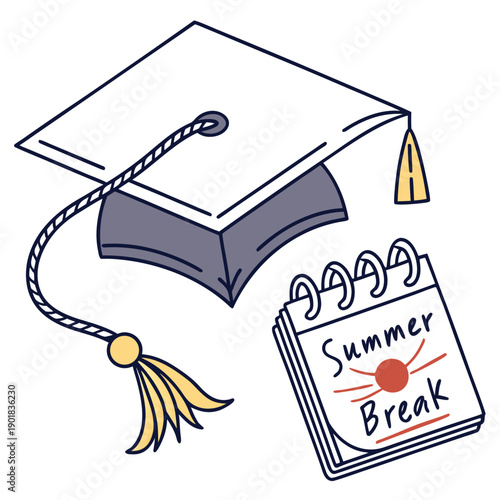 Graduation cap with summer break and sun illustration Vector