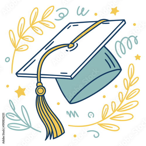 Graduation cap adorned with gold tassel on a blue background with floral elements Vector
