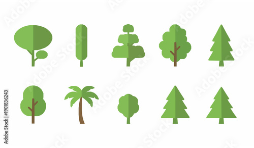 SEO Friendly Title
Minimal green tree flat icon collection with different silhouettes for banners apps and book illustrations