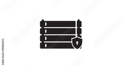 Server rack with shield icon in simple flat design with dark color scheme for cybersecurity