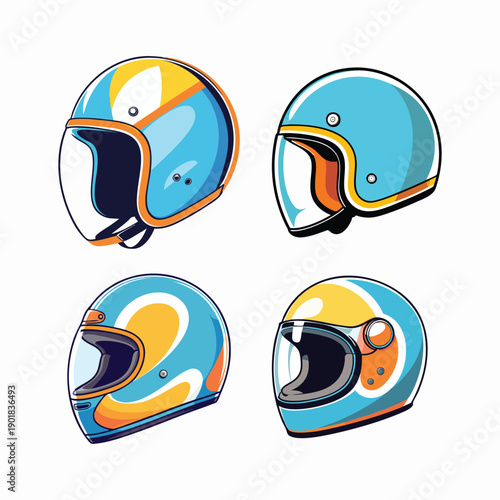 Retro Style Illustration of Motorcycle Helmet with Various Color Combination