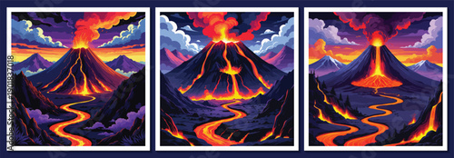 Epic Volcano Eruption Landscape Illustration Set with Flowing Lava