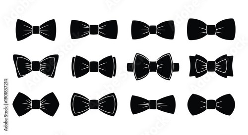 Collection of black bow ties in various shapes and styles arranged in a grid