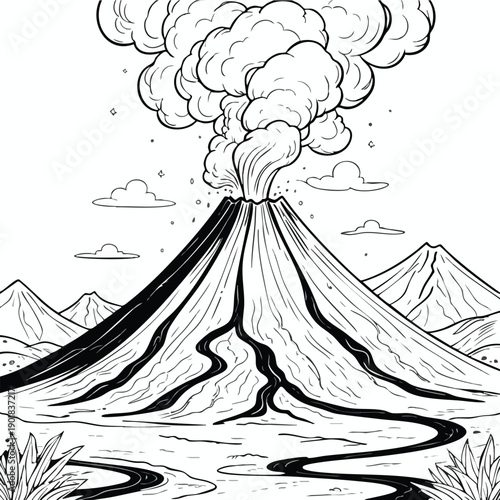 Volcano Eruption Line Art Illustration in Black and White