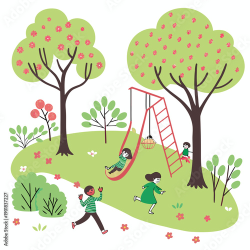 Children playing in a vibrant and lively park surrounded by nature Vector