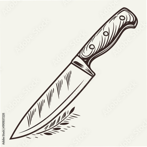 A detailed illustration of a kitchen knife with a wooden handle and a serrated blade. Vector