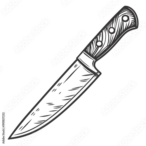 A sharp and intricately designed knife with a wooden handle and metal blade. Vector