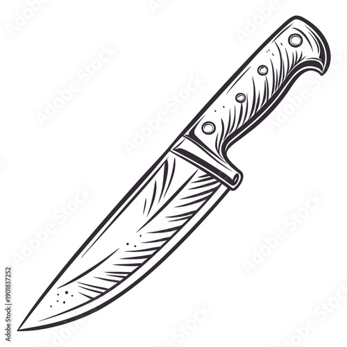 A sharp chef's knife with a wooden handle resting on a white background. Vector