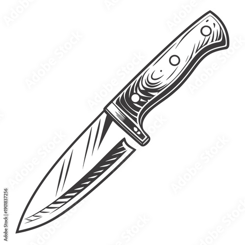 A sharp kitchen knife with a wooden handle and visible blade pattern Vector