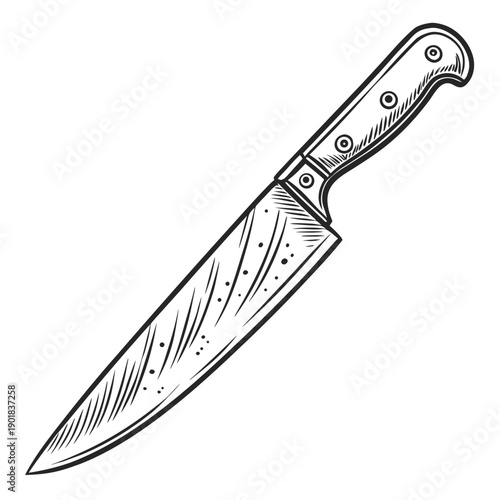 A sharp knife with a black handle resting on a wooden surface. Vector