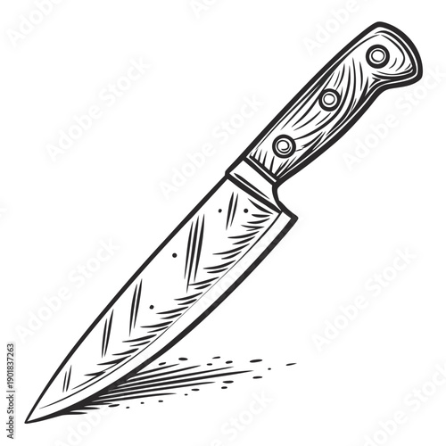 A sharp chef's knife with a wooden handle and a long, pointed blade. Vector