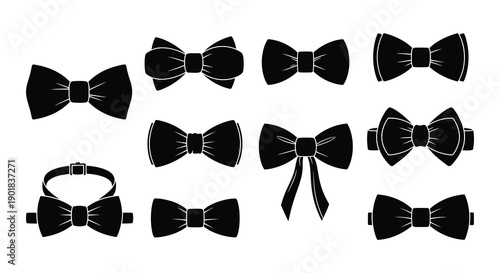 Collection of black bow ties in various shapes and styles arranged in a grid