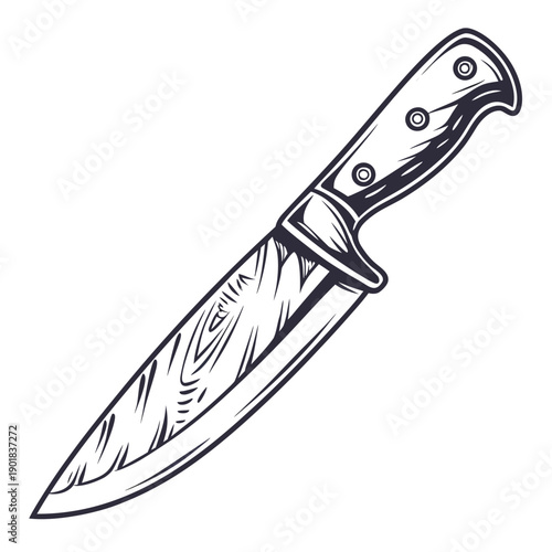 A close-up view of a knife with a wooden handle and a sharp blade Vector