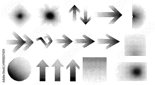 A collection of abstract graphic elements including arrows, circles, and squares with gradient and halftone effects.