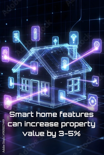 The Smart Home Ecosystem. House with Interconnected IoT Devices Glowing. Real Estate Concept.