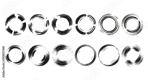 Collection of 15 abstract circular brush stroke elements with a grunge texture, presented in two rows on a white background.