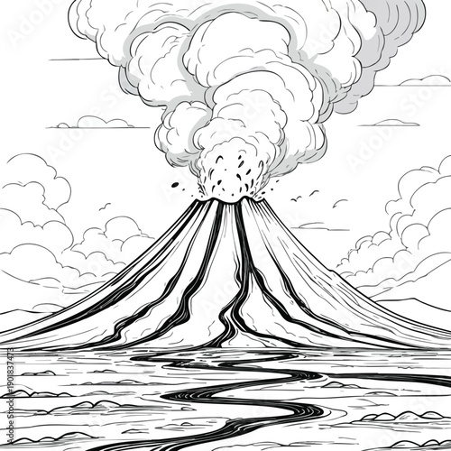Erupting Volcano Line Art Illustration in Black and White Style