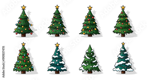 A collection of eight pixel art Christmas trees, each uniquely decorated with ornaments and some covered in snow.