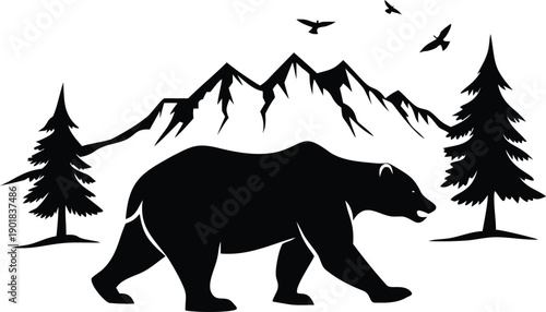 A formidable bear walks steadily through a serene mountain and forest landscape with birds in the sky