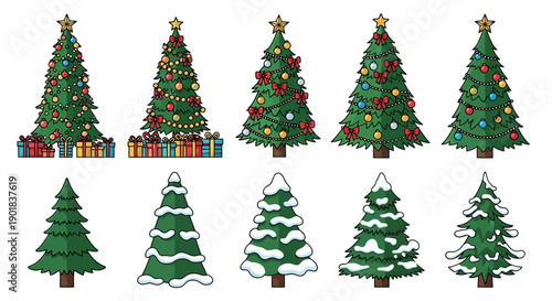 A collection of ten festive Christmas trees, some decorated with ornaments and gifts, others covered in snow.