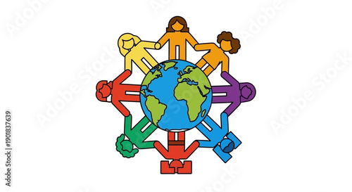 Diverse group of people holding hands around the Earth, symbolizing global unity and cooperation.