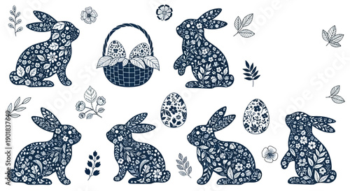 Collection of decorative Easter bunnies and eggs adorned with intricate floral patterns in a charming blue and white color scheme.