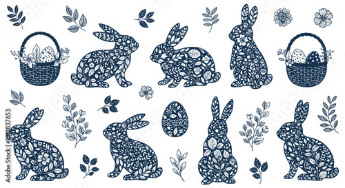 Collection of intricately decorated Easter bunnies and baskets with floral patterns, set against a white background.