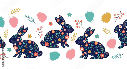 A seamless decorative border featuring a repeating pattern of stylized rabbits adorned with floral designs, interspersed with Easter eggs and sprigs of foliage.