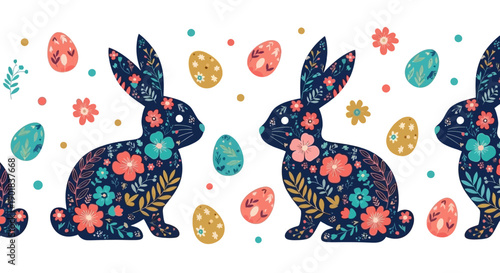 A seamless decorative border featuring stylized Easter bunnies adorned with floral patterns and surrounded by colorful Easter eggs and small flowers.