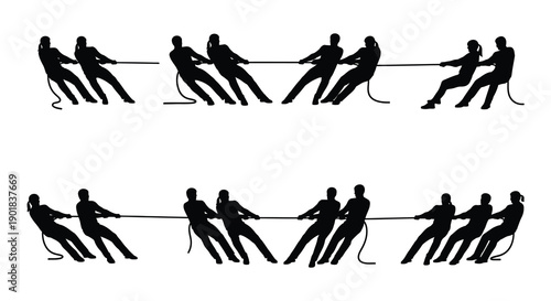Silhouettes of people engaged in a fierce tug of war competition