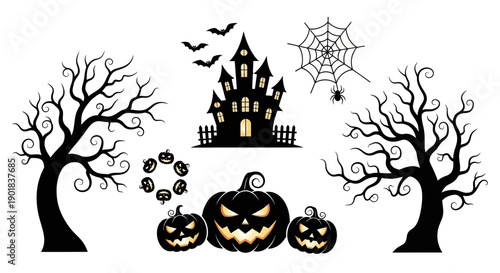 A spooky Halloween scene with a haunted house, jack-o'-lanterns, bare trees, bats, and a spiderweb.