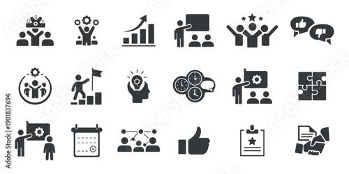  Teamwork Solid Icons Set.Business,team, building, work, group, human, resources, minimal, Simple vector illustration