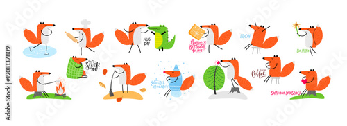 Funny character red fox in different situations and seasonal activities. Cartoon animal character. life and deeds fox in forest. Vector doodle hand drawn illustration isolated on white background