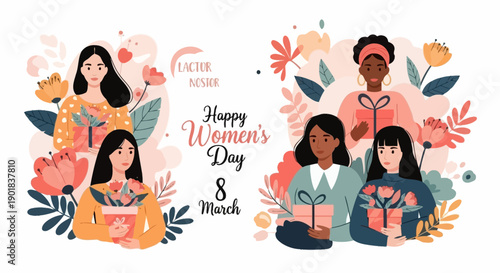 Diverse group of women celebrating International Women's Day with gifts and flowers, promoting empowerment and unity.