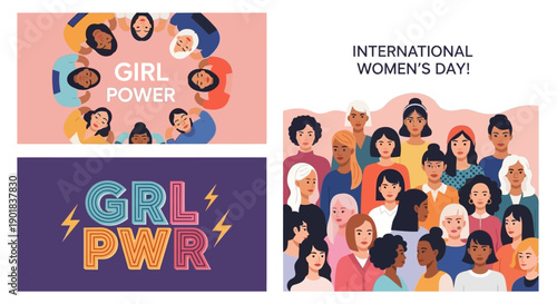 Collage of illustrations celebrating girl power and International Women's Day with diverse groups of women.