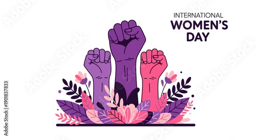 Three raised fists in purple and pink hues, symbolizing International Women's Day with floral accents.
