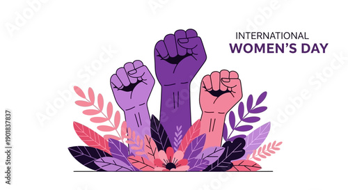 Illustration of three raised fists in purple and pink hues, symbolizing International Women's Day, surrounded by stylized leaves and flowers.