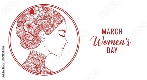 Intricate red floral patterns adorn the profile of a woman's head, celebrating International Women's Day on March 8th.
