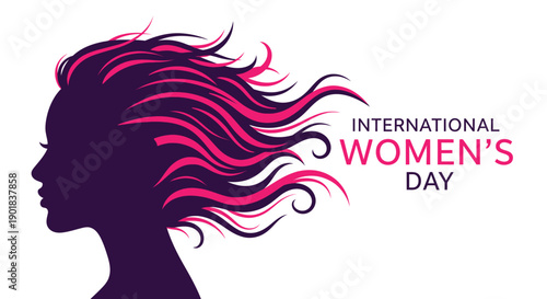 International Women's Day graphic featuring a silhouette of a woman's profile with flowing, vibrant hair.