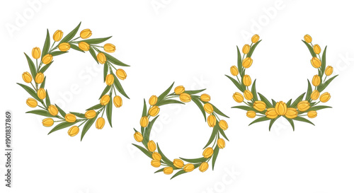 Three decorative wreaths made of yellow olives and green leaves, arranged in a circular pattern on a white background.
