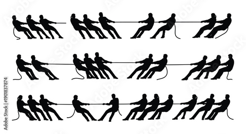 Silhouettes of people engaged in a fierce tug of war competition