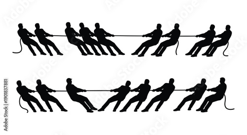 Silhouettes of people engaged in a fierce tug of war competition