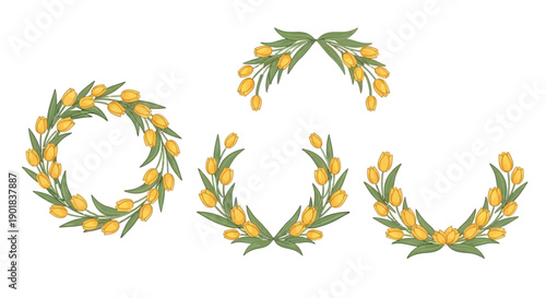 A collection of decorative olive branch elements, including a full wreath, a semi-circle, and two smaller curved arrangements, all featuring green leaves and yellow olives.